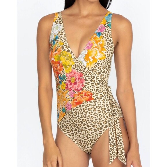 Johnny Was BLUE Leopard Wrap One Piece Swimsuit Large Floral $198 NEW Beach - Picture 2 of 13